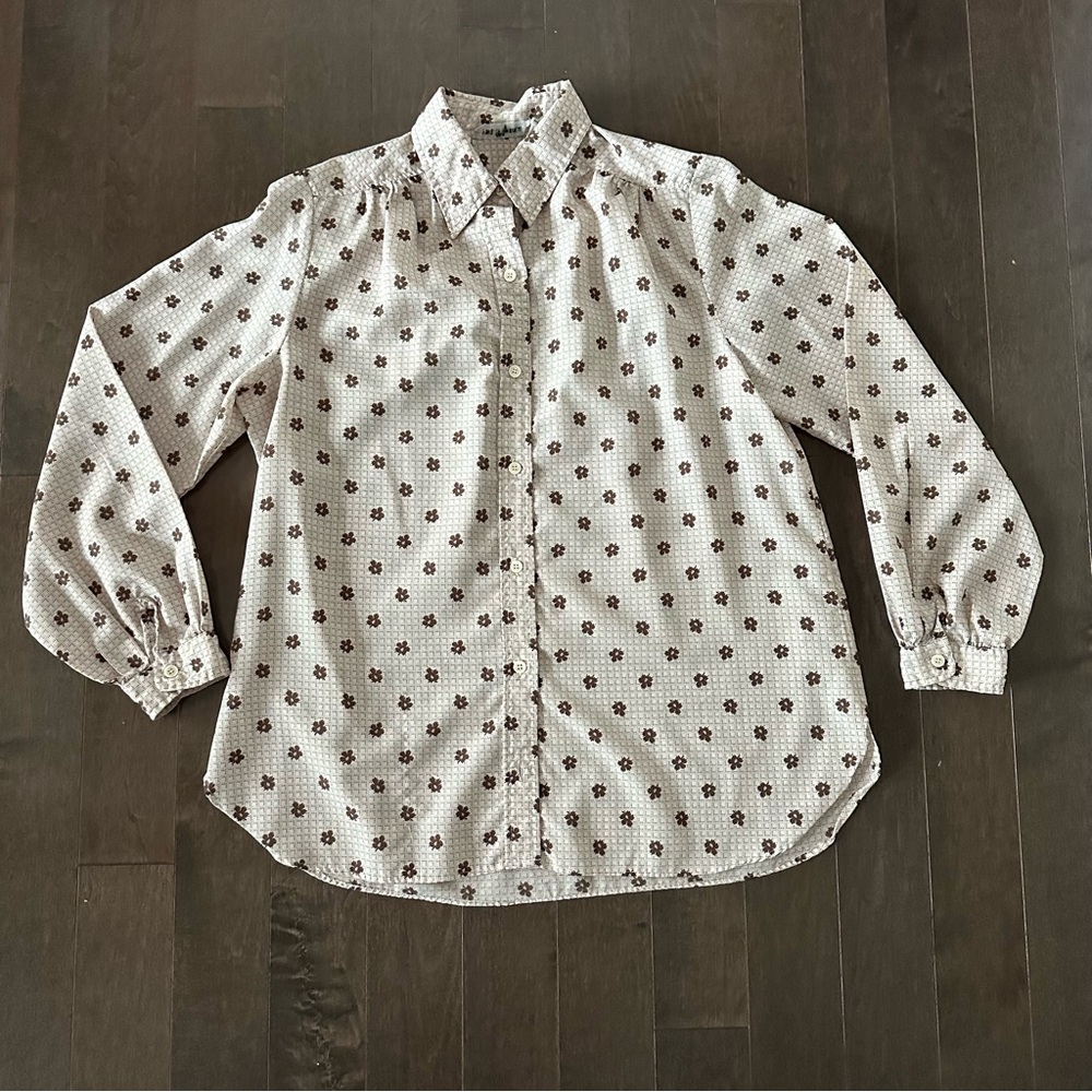 Vintage Evan Picone 70's Retro Floral Chocolate Brown Puff Sleeve Button Fall 14